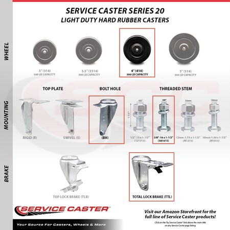 Service Caster 4 Inch Hard Rubber Swivel 3/8 Inch Threaded Stem Caster Total Lock Brakes, 2PK SCC-TSTTL20S414-HRS-381615-2-S-2